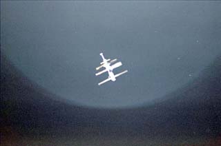 Mir Space Station as viewed from a great distance on Discovery.